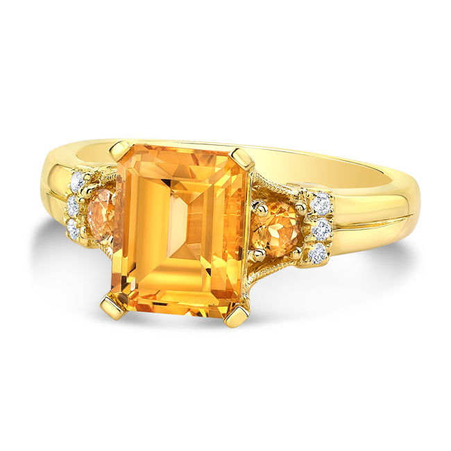 Emerald Cut Citrine And Diamond Ring In 14k Yellow Gold