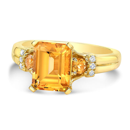 Emerald Cut Citrine And Diamond Ring In 14k Yellow Gold