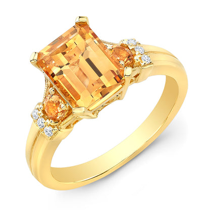 Emerald Cut Citrine And Diamond Ring In 14k Yellow Gold