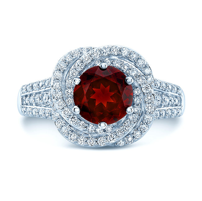 Garnet And Diamond Halo Ring In 14k White Gold