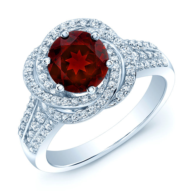 Garnet And Diamond Halo Ring In 14k White Gold