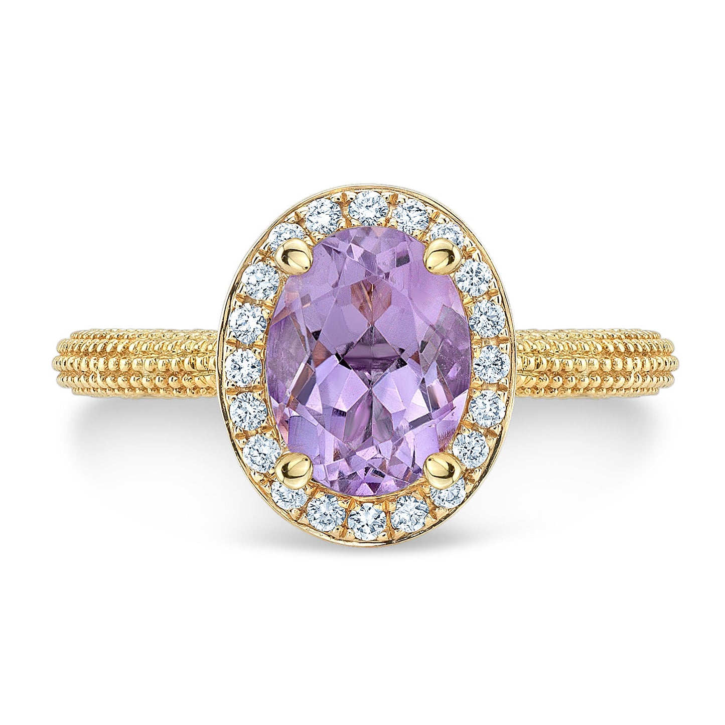 Oval Pink Amethyst And Diamond Halo Ring In 14k Yellow Gold (8x6mm)