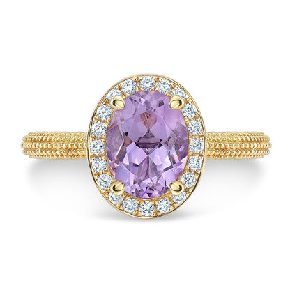 Oval Pink Amethyst And Diamond Halo Ring In 14k Yellow Gold (8x6mm)