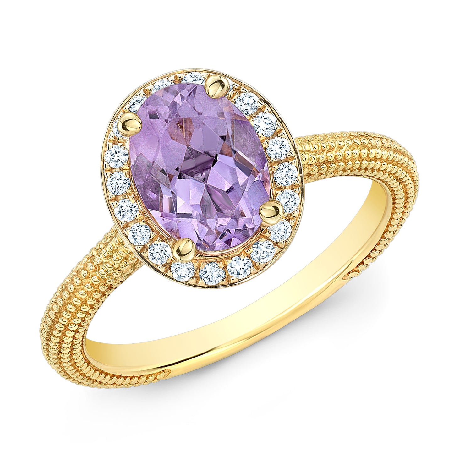 Oval Pink Amethyst And Diamond Halo Ring In 14k Yellow Gold (8x6mm)