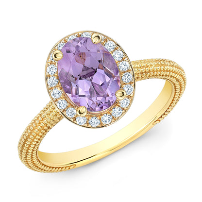 Oval Pink Amethyst And Diamond Halo Ring In 14k Yellow Gold (8x6mm)