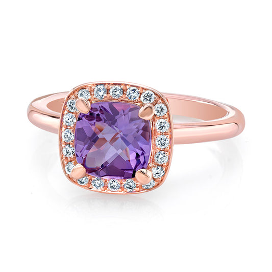 Pink Amethyst And Diamond Halo Ring In 14k Rose Gold (7mm) Vs