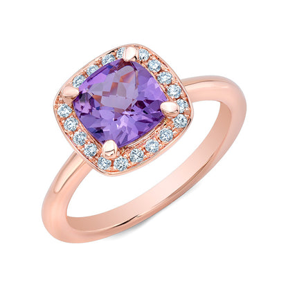 Pink Amethyst And Diamond Halo Ring In 14k Rose Gold (7mm) Vs