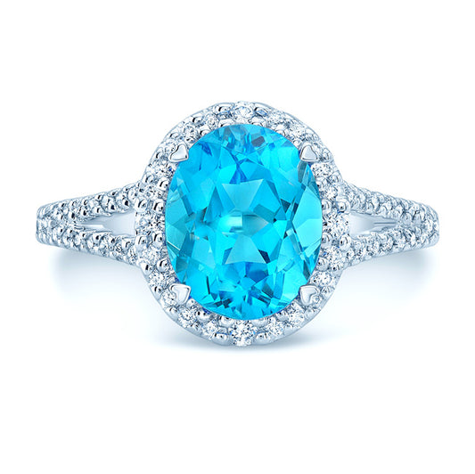 Blue Topaz And Diamond Oval Halo Split Shank Ring In 14k White Gold ( Hi / Si )
