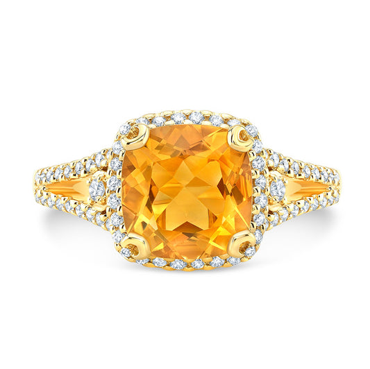 Citrine And Diamond Halo Cushion -cut Ring In 14k Yellow Gold