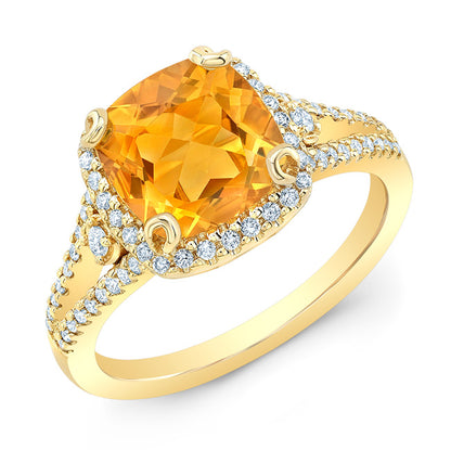 Citrine And Diamond Halo Cushion -cut Ring In 14k Yellow Gold