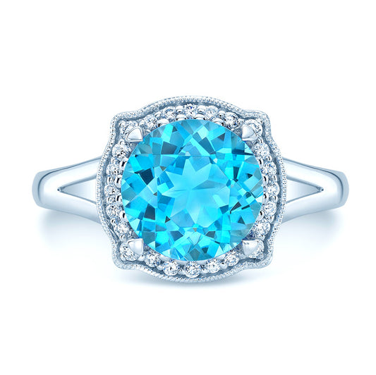 Blue Topaz And Diamond Round Halo Pinched Corner Ring In 14k White Gold
