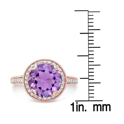 Amethyst And Diamond Round Halo Antique Finish Ring In 14k Rose Gold (10mm) Vs