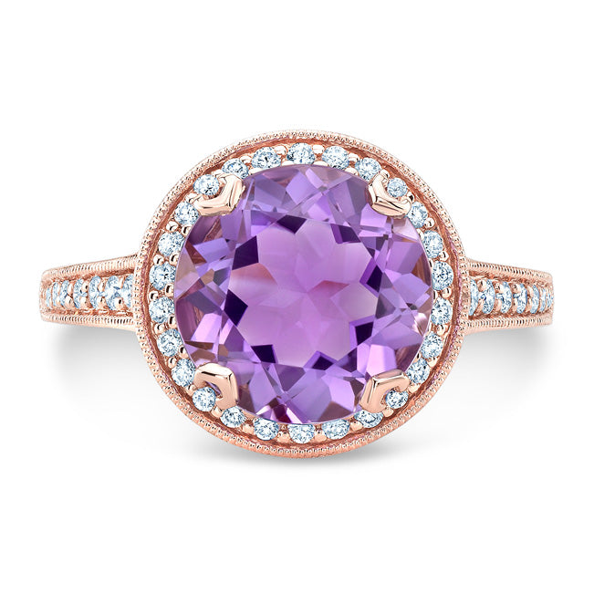 Amethyst And Diamond Round Halo Antique Finish Ring In 14k Rose Gold ( Hi / Si )