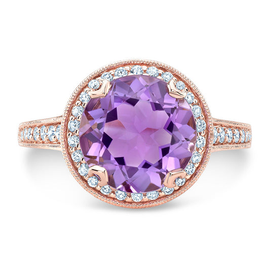 Amethyst And Diamond Round Halo Antique Finish Ring In 14k Rose Gold ( Hi / Si )