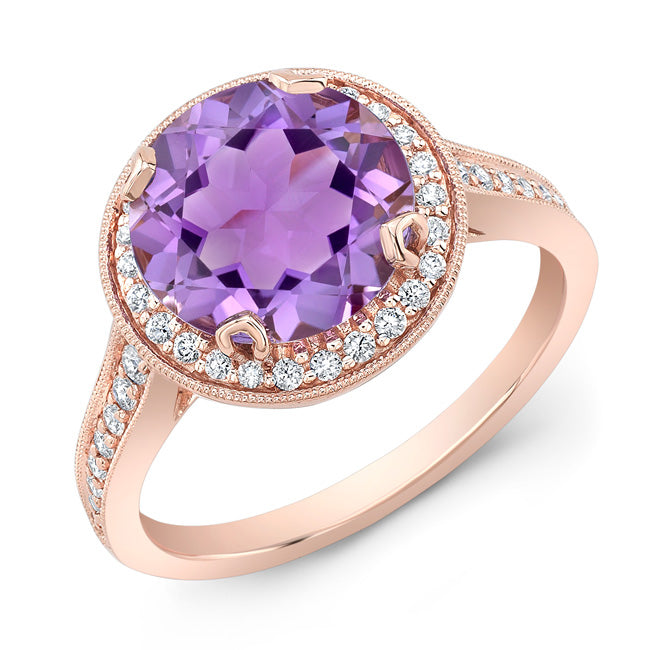 Amethyst And Diamond Round Halo Antique Finish Ring In 14k Rose Gold (10mm) Vs