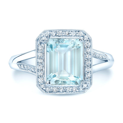 Aqua And Diamond Emerald Cut Halo And Accented Corners Ring In 14k White Gold (hi / Si)