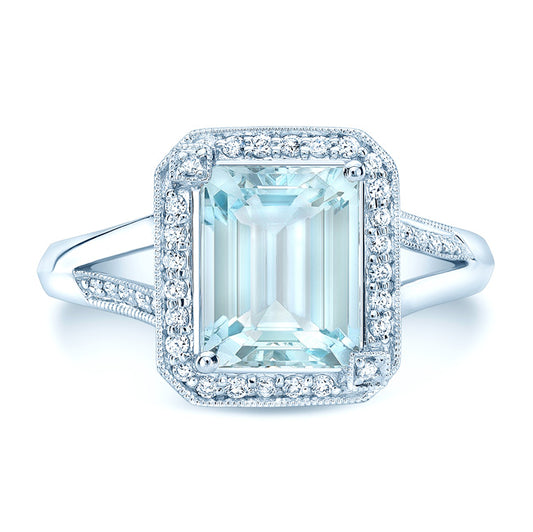 Aqua And Diamond Emerald Cut Halo And Accented Corners Ring In 14k White Gold (hi / Si)