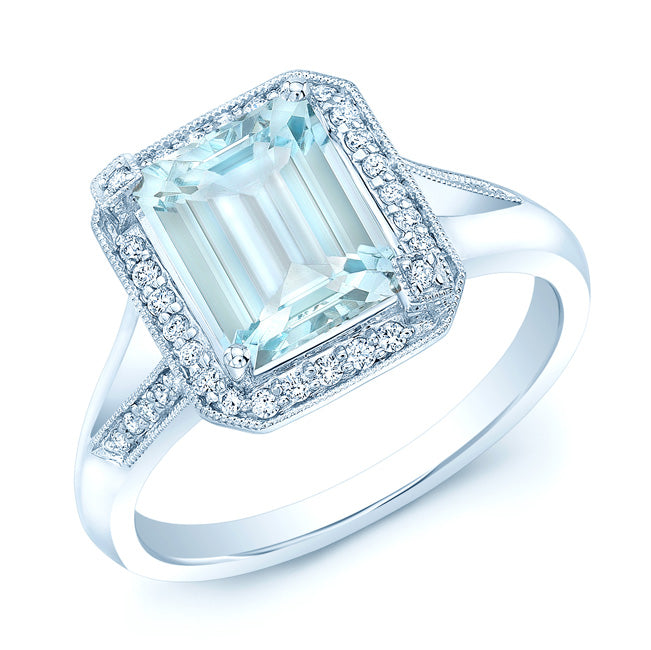 Aqua And Diamond Emerald Cut Halo And Accented Corners Ring In 14k White Gold (hi / Si)