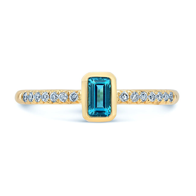 Swiss Blue Topaz Emerald Cut And Diamond Ring In 14k Yellow Gold