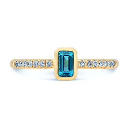 Swiss Blue Topaz Emerald Cut And Diamond Ring In 14k Yellow Gold