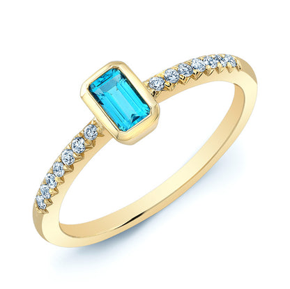 Swiss Blue Topaz Emerald Cut And Diamond Ring In 14k Yellow Gold