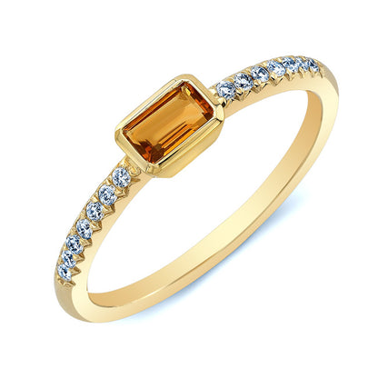 Citrine Emerald Cut And Diamond Ring In 14k Yellow Gold