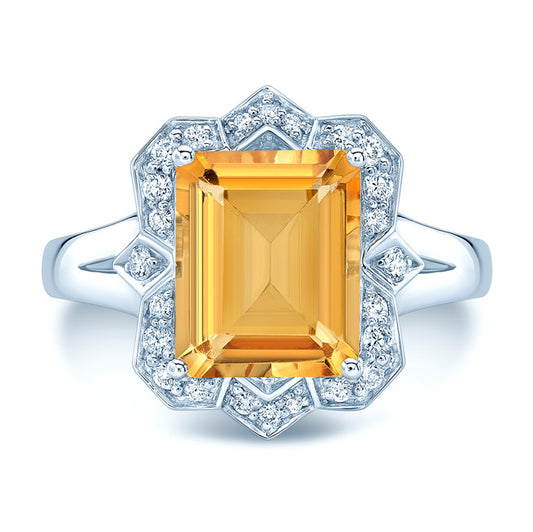Citrine Emerald Cut And Diamond Ring In 14k White Gold (1/5 Ct.tw.)