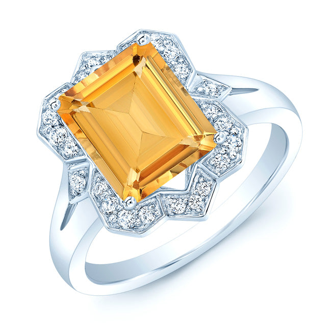 Citrine Emerald Cut And Diamond Ring In 14k White Gold (1/5 Ct.tw.)
