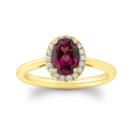 Rhodolite Garnet and Diamond Oval Halo Ring in 14k Yellow Gold 1/8ctw