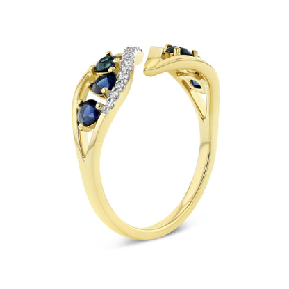 Sapphire and Diamond Open Shank Bypass Leaf Ring in 14k Yellow Gold 0.06ctw