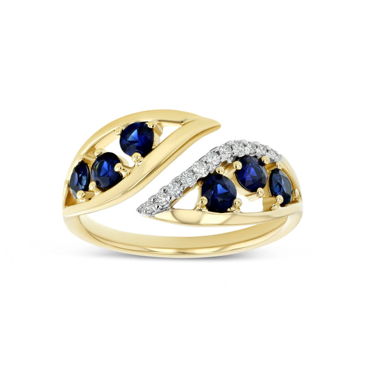 Sapphire and Diamond Open Shank Bypass Leaf Ring in 14k Yellow Gold 0.06ctw