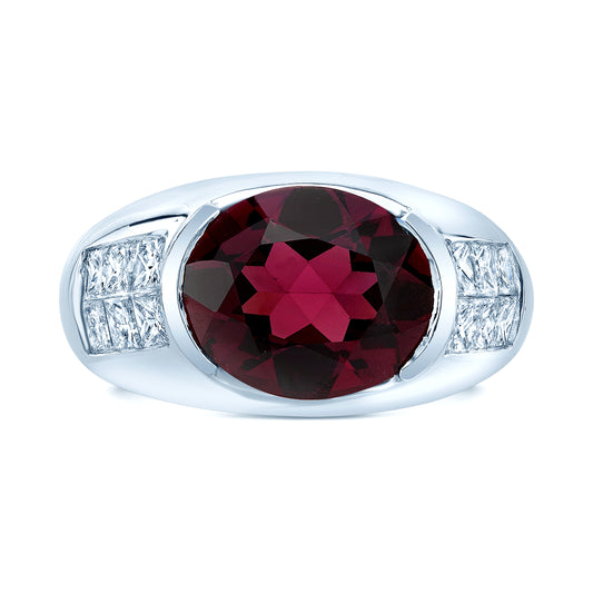 Rhodolite Garnet And Diamond Sideways Oval Semi Bezel Ring In 18k White Gold (1.15ctw)