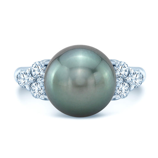 Black South Sea Pearl And Diamond Ring In 14k White Gold