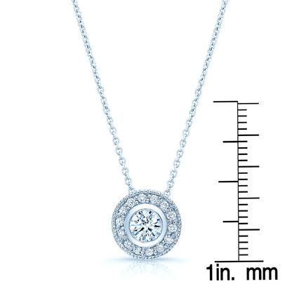 Diamond Round Bezel Halo Pendant With Milgrain In 18k White Gold