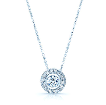 Diamond Round Bezel Halo Pendant With Milgrain In 18k White Gold