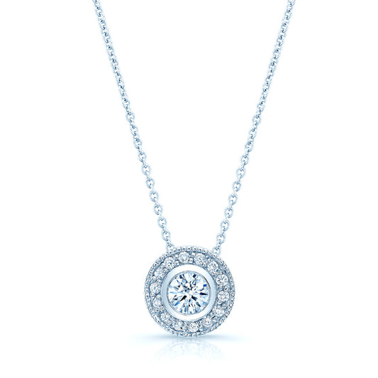 Diamond Round Bezel Halo Pendant With Milgrain In 18k White Gold