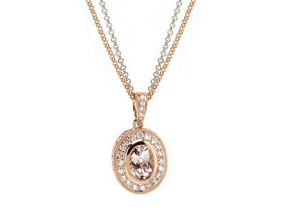 Morganite And Diamond Oval Pendant In 18k Rose Gold (16-in Rolo Chain)