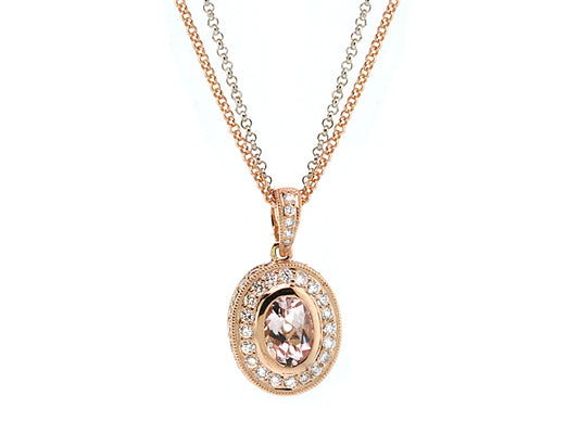 Morganite And Diamond Oval Pendant In 18k Rose Gold (16-in Rolo Chain)