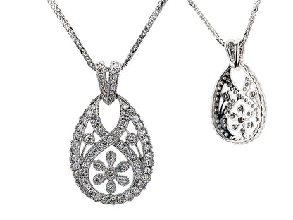 Diamond Open Teardrop Pendant With Millgrained Floral Motif In 18k White Gold