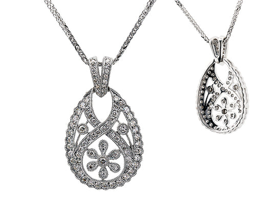 Diamond Open Teardrop Pendant With Millgrained Floral Motif In 18k White Gold