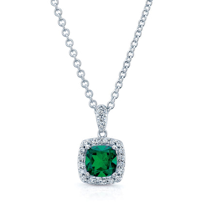 Created Emerald & Diamond Pendant In 14k White Gold