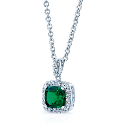 Created Emerald & Diamond Pendant In 14k White Gold