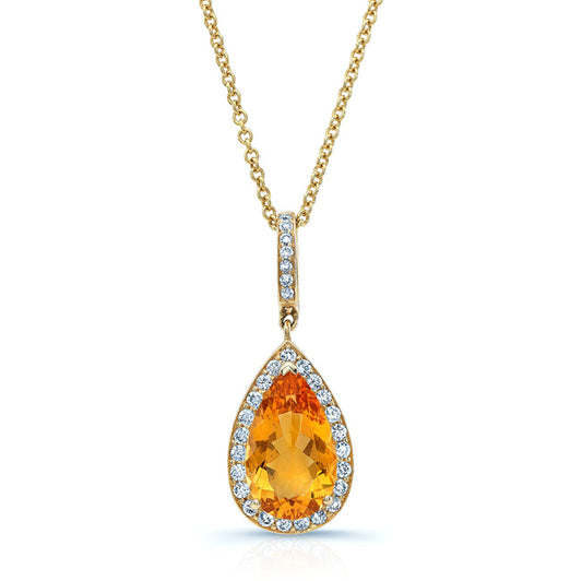 Citrine Pear And Diamond Halo Pendant In 14k Yellow Gold (1/2 Ct. Tw.)