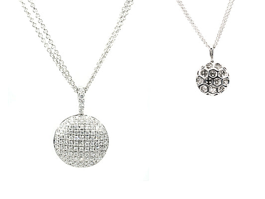 Diamond Puff Pave Disk Pendant In 18k White Gold, 16-inch Rolo Double Chain