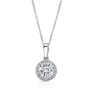 Diamond Round Halo Pendant With Tapered High-polish Bail In 18k White Gold, Gia-certified, 16-inch Chain