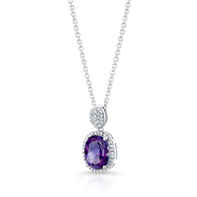 Oval Amethyst And Diamond Halo Pendant In 14k White Gold