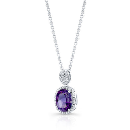 Oval Amethyst And Diamond Halo Pendant In 14k White Gold
