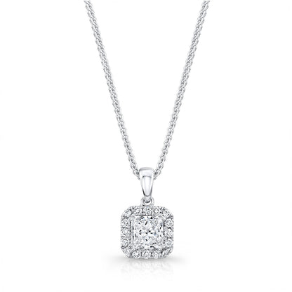 Diamond Princess Cut, Rounded Halo Pendant In 14k White Gold (0.75ct Ctr) 17-inch Chain