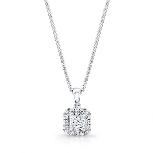 Diamond Princess Cut, Rounded Halo Pendant In 14k White Gold (0.75ct Ctr) 17-inch Chain
