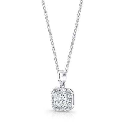 Diamond Princess Cut, Rounded Halo Pendant In 14k White Gold (0.75ct Ctr) 17-inch Chain